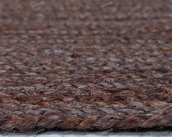 Earthy Brown Jute Rug, Natural Hand Braided Scandinavian Jute Area Rug, Boho Brown Jute Hallway Runner, Solid Brown Bohemian Jute Rug