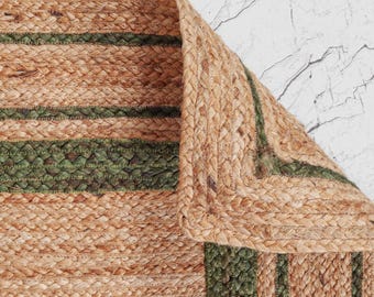 Braided jute rug 8 x 10 ft : Handmade green border jute area carpet, Geometric rug, Jute doormats & entryway, Eco friendly rug, Large area rug