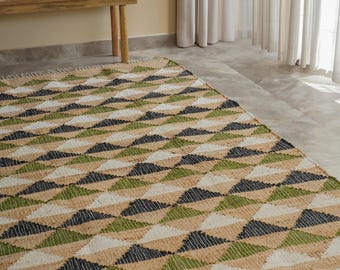 Handwoven Cotton jute rug 6 x 9 ft for Living room, Vintage Flatweave Kilim pattern dhurrie, Colorful Geometric area rug, Boho style home decor
