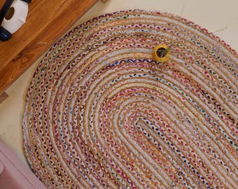 Hand braided jute cotton oval jute rug : Multicolored large size floor decor mat, Vintage home decor
