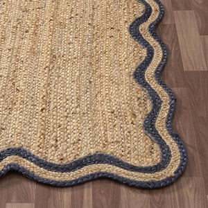 Handmade Braided Wavy Scallop Rug, Scalloped Color Border Rug, Bohemian Natural Jute Rug, Boho Area Rug, Kitchen and Living Room Runner Rug