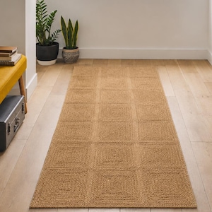 Natural jute rug 2x8 ft for large runner area: Braided geometric jute carpet, Square box pattern rug, Natural  jute raw martial, Boho area