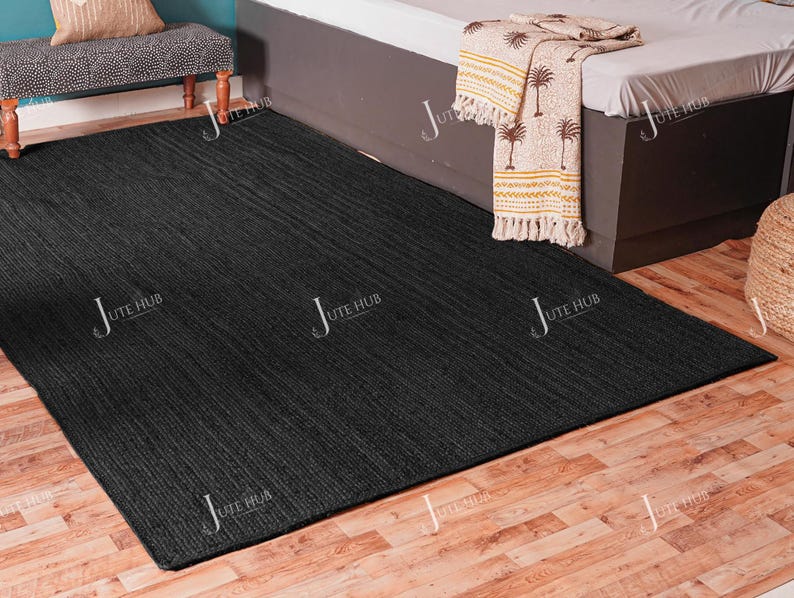 Solid black jute area rug, Braided large rug, Large area rug, Doormats indoor carpet, Home and living room runner rug