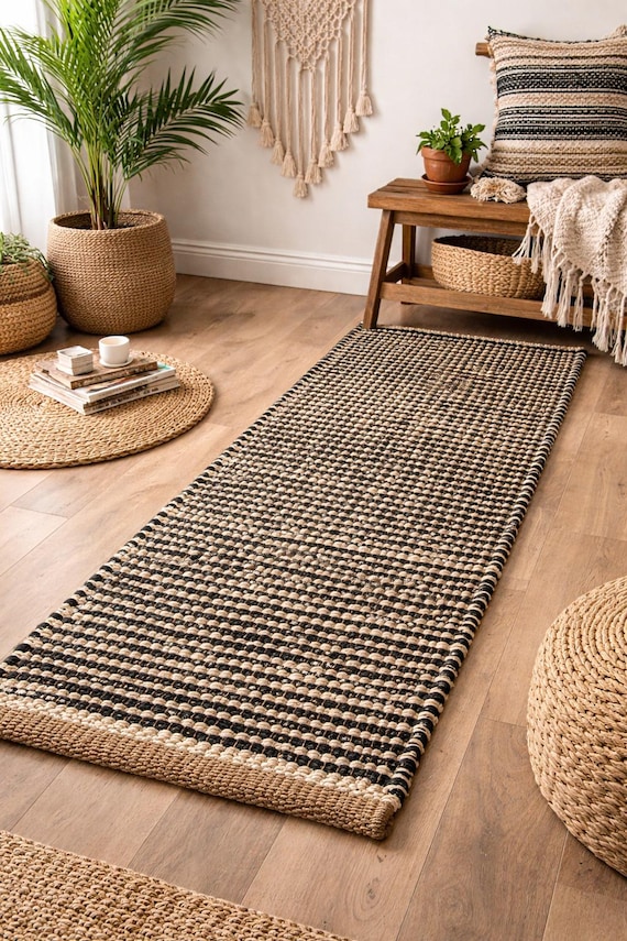 Handmade Jute Runner Rug: Black and White stripe, Kitchen runner rug, Boho home decor carpet, Vintage hallway runner, Custom size and color