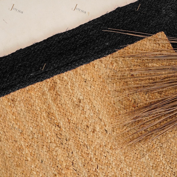 Ręcznie robiony prostokątny dywan z plecionej juty: naturalny beż w stylu boho z czarną obwódką, dekoracja do domu i salonu, 8 x 10 stóp, duży dywan do przedpokoju