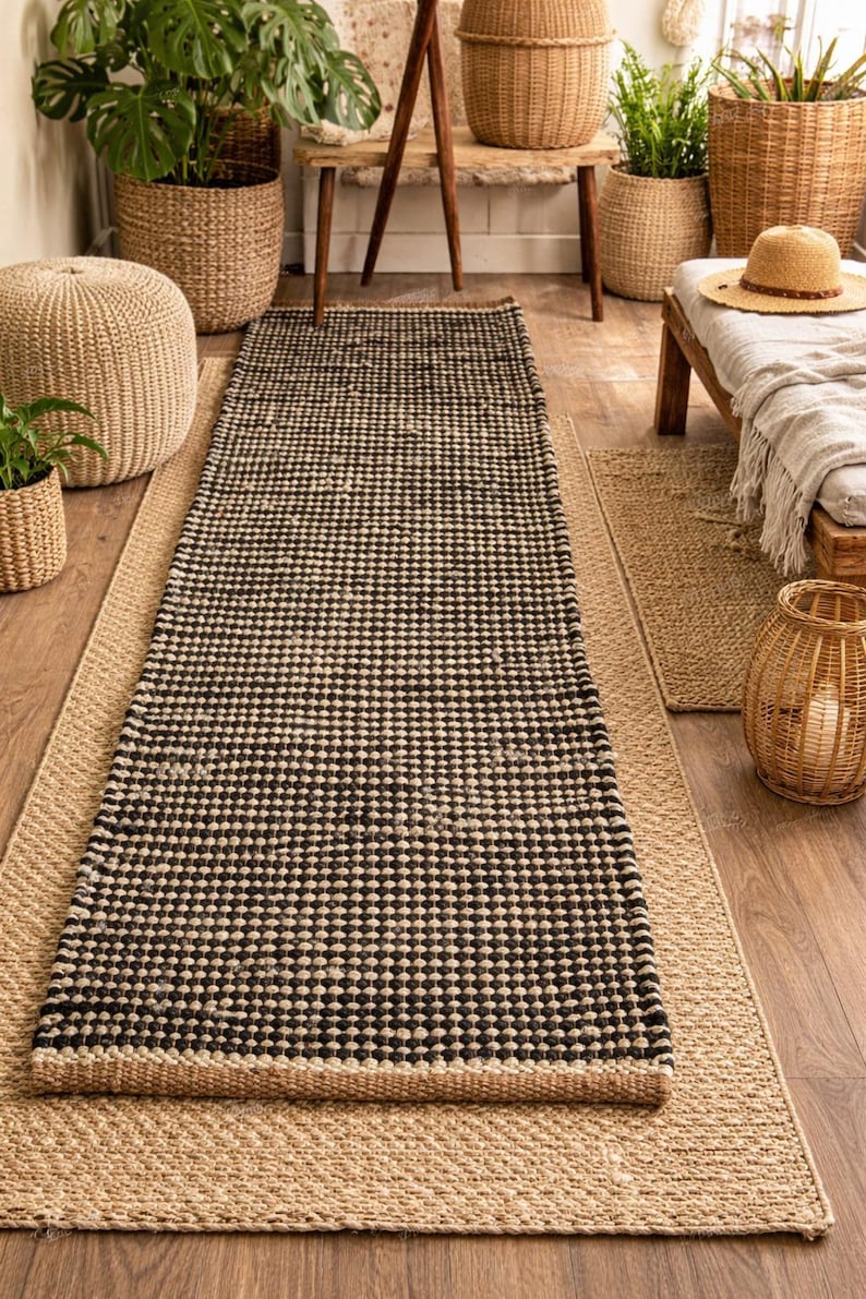 May include: A rectangular runner rug featuring a dense, repeating black and beige checkered pattern. The rug has a thick, textured weave with a solid beige border along the edges, laid flat on a light brown wooden floor surface.