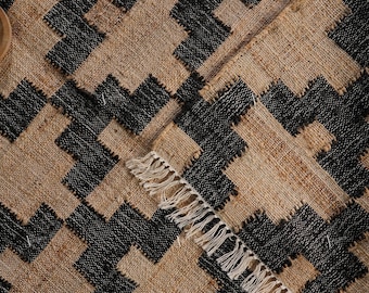 Natural Cotton Jute Rug with Modern Black Boho Home Décor Rugs Geometric Pattern Flat weave Boho Rug, Custom size
