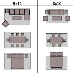 May include: Diagram showing furniture layout options for 9x12 and 8x10 spaces. Includes arrangements for living rooms with sofas and coffee tables, dining areas with tables and chairs, and bedroom layouts with beds and nightstands.