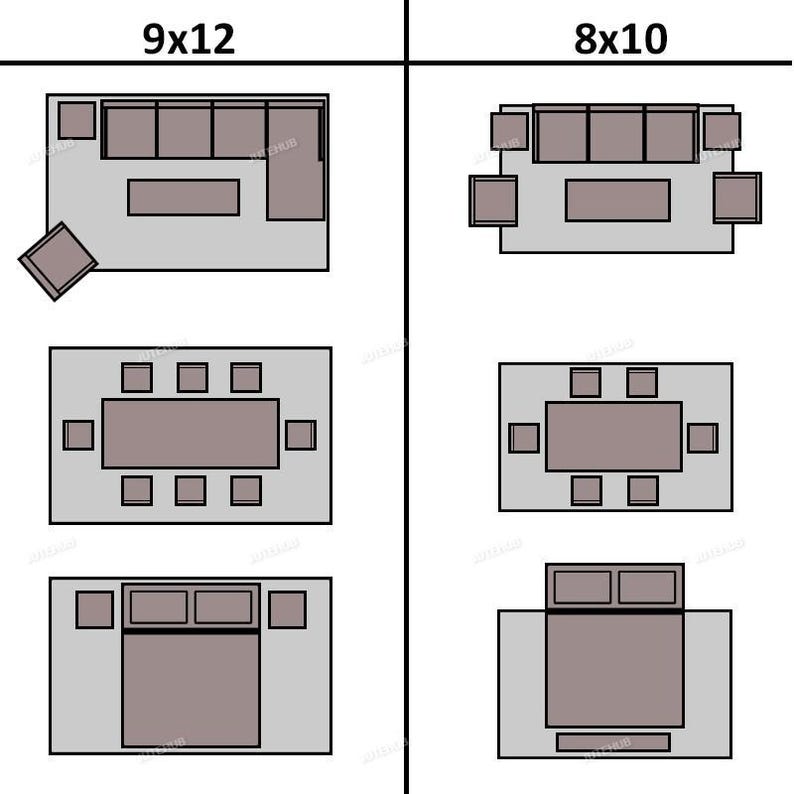 May include: Diagram showing furniture layout options for 9x12 and 8x10 spaces. Includes arrangements for living rooms with sofas and coffee tables, dining areas with tables and chairs, and bedroom layouts with beds and nightstands.