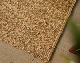 Natural jute rug 7x12 ft for kitchen: Handmade jute solid beige rug, Eco friendly and Pure vegan rug, Entryway doormats jute carpets