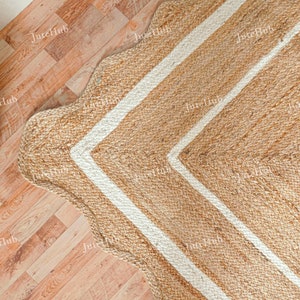 Handgevlochten jute tapijt, vintage tapijt, boho-decor tapijt, natuurlijk jute tapijt met witte rand, vloerkleed, woondecoratie tapijten, Turks tapijt