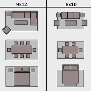 May include: Diagram showing furniture layout options for 9x12 and 8x10 foot rooms. Includes arrangements for living rooms with sofas and coffee tables, dining rooms with tables and chairs, and bedrooms with beds and nightstands.