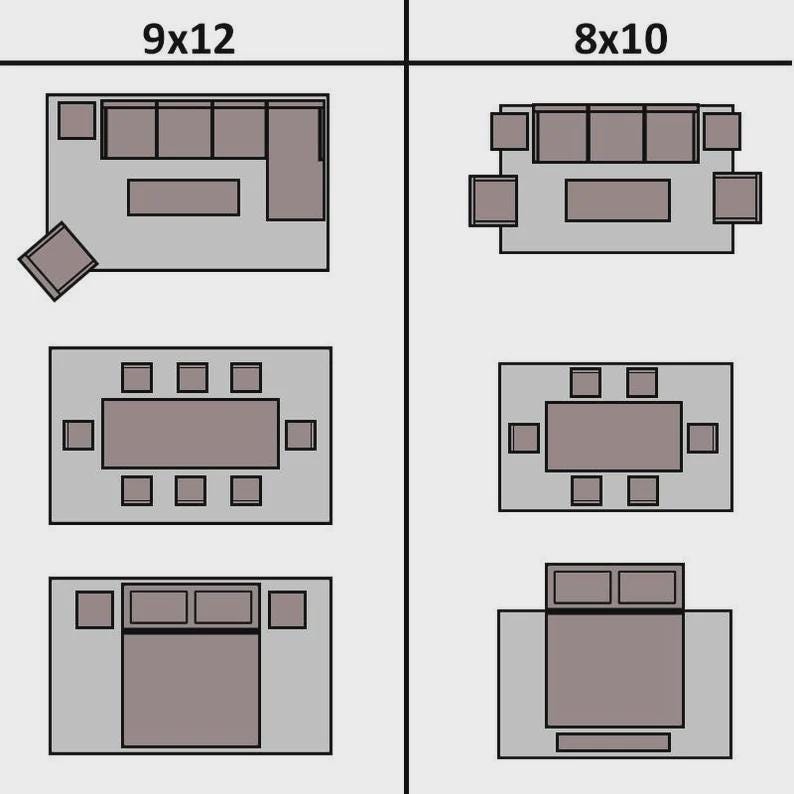 May include: Diagram showing furniture layout options for 9x12 and 8x10 foot rooms. Includes arrangements for living rooms with sofas and coffee tables, dining rooms with tables and chairs, and bedrooms with beds and nightstands.
