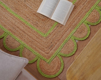 Alfombra de yute con borde festoneado verde, alfombra de yute natural trenzado, alfombra geométrica con borde, decoración para área de cocina de 1,2 x 1,8 m, alfombra estilo boho campestre.