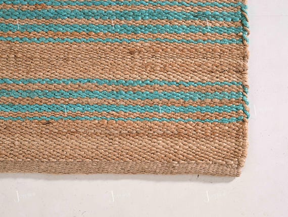 Natural Handmade hemp jute rug with Turquoise stripes line rug for Bedroom and living Area