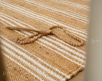 Natural Hemp Jute Rug With white Stripes Lines Vintage Rug Handmade Tufted Area Rug
