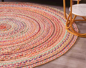Indian Hand Braided Cotton Round Chindi Rug Custom Size Round Cotton Rug Eco-Friendly Rug Round Dining Table Rug Interior & Home Décor Rug