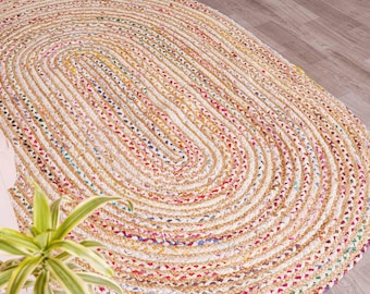 4 x 6 ft Hand Braided Multicolor Oval Cotton Jute Rug, Vintage Oval Dining Table, Home and Living Room Decor, Boho Area Rug, Chindi rug