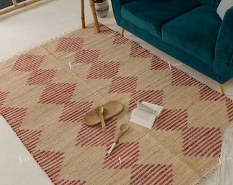 Handmade Cotton Jute Area Rug with Red Diamond Design Modern Boho Living Room Floor Rugs