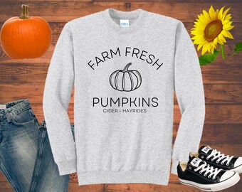 Farm Fresh Pumpkins Crewneck Sweatshirt, Unisex Fall Shirt, Pumpkin Tee, Hayrides, Cider