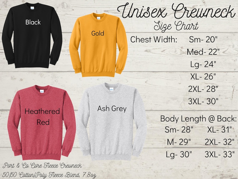 May include: Four crewneck sweatshirts in different colors: black, gold, heather red, and ash grey. The image includes a size chart with chest width and body length measurements in inches.