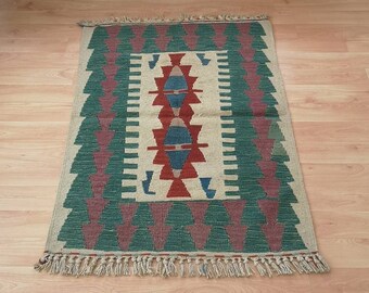 Small Green Kilim Rug: 2.7 x 3.7 ft, Vintage Turkish Cotton