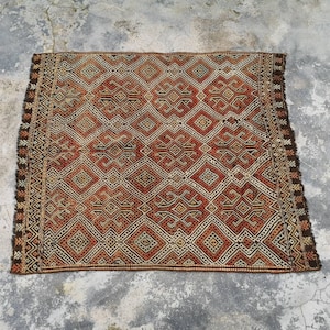 Orangefarbener Kelimteppich, 100 x 150 cm, alter Teppich, Kelimteppich, kleiner türkischer Kelim, dekorativer Kelimteppich