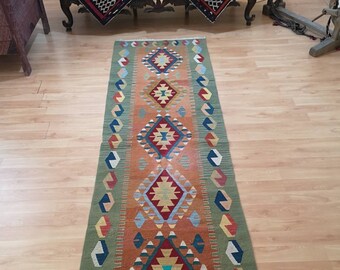Handmade Turkish Kilim Runner Rug, Orange & Green Vintage Decor (2.7 x 9.7 ft)