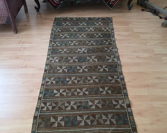 3.2 x 8.7 ft Triangle designed colorful hallway kilim rug 3x9 Turkish rug runner for kitchen 3x9 Wool runner kilim rug 3x9 Cotton kilim rug