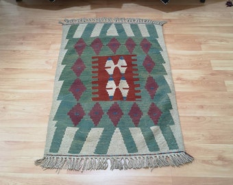 Small Green Turkish Kilim Rug, Vintage Tribal Decor (2.7 x 3.9 ft)