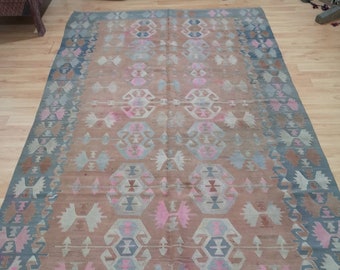 Oversized Orange Wool Turkish Rug, Vintage Esme Kilim (5.7 x 9.2 ft)