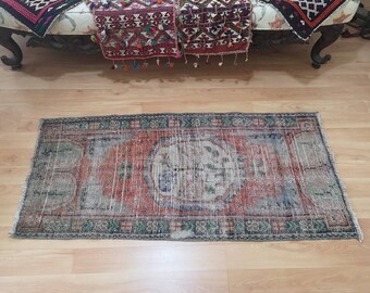 Kleiner Orange Vintage Teppich, Handgemachte Wolle (60 x 120 cm)