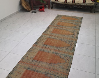 Vintage Turkish Hallway Runner Rug, Orange 3.3 x 11.5 ft