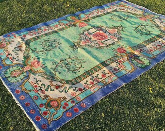 Green Vintage Turkish Oushak Rug, Bohemian Wool Area Rug (5.9 x 9.1 ft)