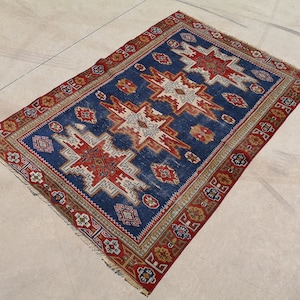 4.1 x 5.7 ft Blue and red unique living room rug 4x6 Floral kitchen decor rug 4x6 Wool blue bedroom rug 4x6 Vintage Turkish rug 4x6 Red rug
