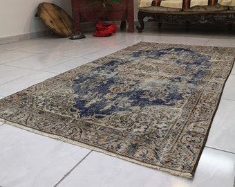 Blue Turkish Rug 3.4 x 6.5 ft, Vintage Wool Boho Area Rug