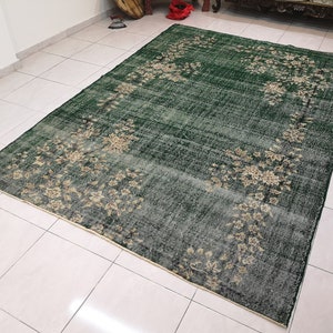 7.2 x 10.3 ft Large green rug Oversized Turkish rug Green rug for living room Handmade floral wool rug Big vintage Turkish rug Unique rug