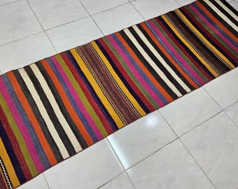 Tappeto Kilim turco vintage, lana a righe colorate, ingresso boho (2,7 x 8,4 piedi)