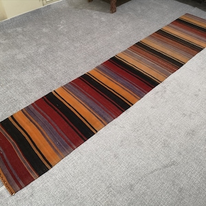 2.1 x 10.4 ft Colorful kilim rug Runner kilim rug Turkish runner rug Orange runner rug Striped kilim rug Cute hallway runner Handmade kilim