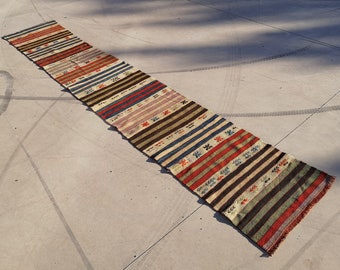 Handwoven Striped Kilim Runner Rug, Bohemian Orange Wool Rug (2.1 x 12.6 ft)