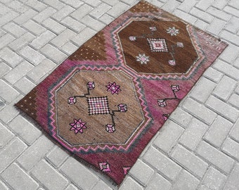 2.6 x 4.3 ft Small Turkish brown and purple unique rug for living room 3x4 Handwoven wool rug for bathroom bath mat and door mat 3x4 Old rug