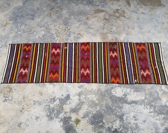 May include: A long, narrow rug with a colourful geometric pattern. The rug is made of woven fabric and has a red, orange, yellow, green, blue, and white colour scheme.