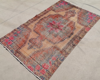 Rosa & Orange Türkischer Teppich (4x6,5 ft) Vintage Floral Wollteppich