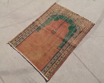 Orange Turkish Oushak Rug, Small Vintage Door Mat (2.7 x 3.7 ft)