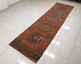 Alfombra turca vintage naranja para pasillo, 8,7 x 3,2 m