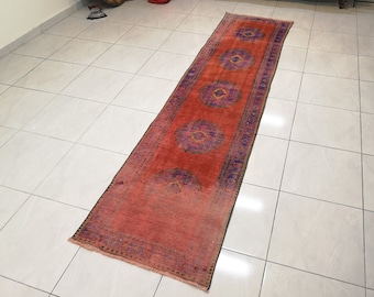 Handmade Wool Turkish Runner Rug, 2.4 x 10 ft, Red Orange Hallway Rug