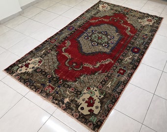 Red Floral Turkish Rug, 5.2 x 9.3 ft, Handmade Wool Decor