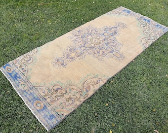 Beige Oushak Runner Rug, 3.5 x 8.2 ft, Handmade Turkish Wool
