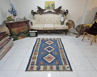 Alfombra turca vintage tejida a mano, 1,1 x 1,7 m, estilo bohemio geométrico azul