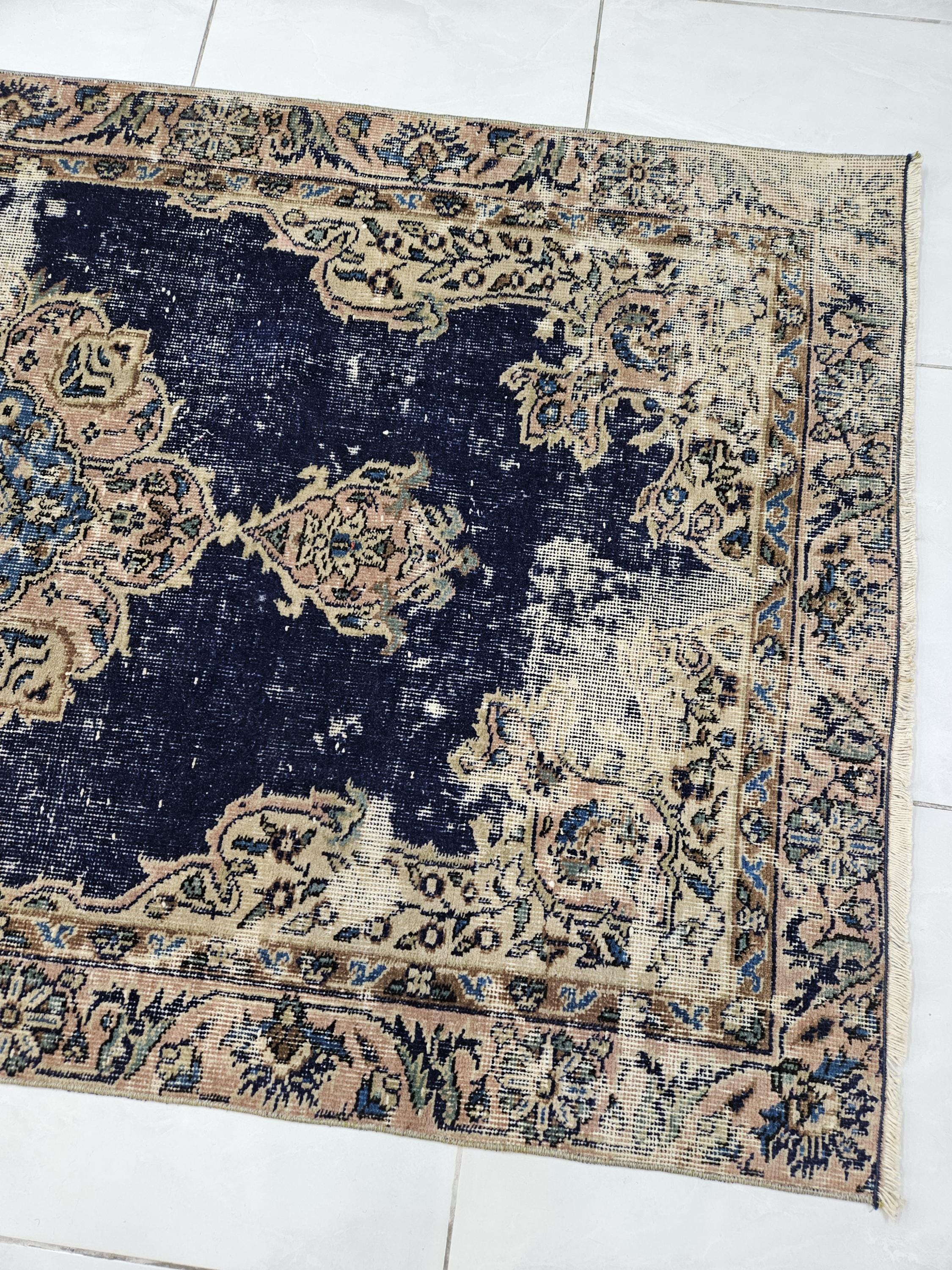 ヴィンテージ トルコ製エリアラグ - 3x7 ネイビーブルー フローラル